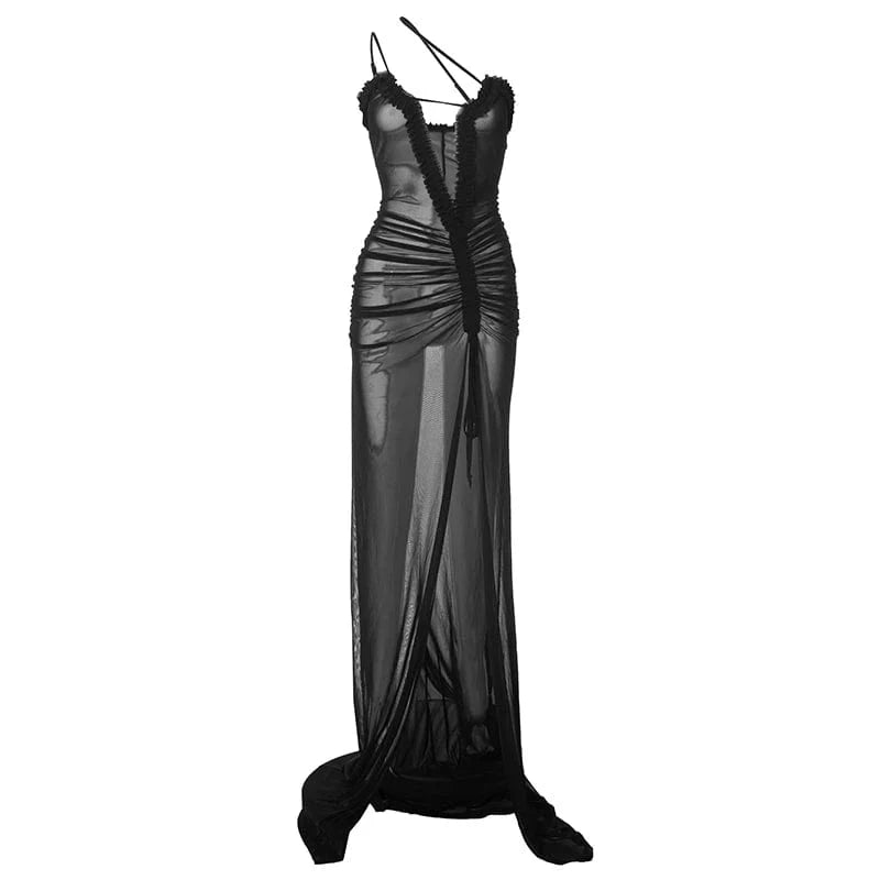 L / D24DS221 Black Bomblook D24DS221 Mesh See Through Evening Wear Ruched Maxi Dress Bodycon Summer Sexy Party Slit Cami Dresses For Women 2024