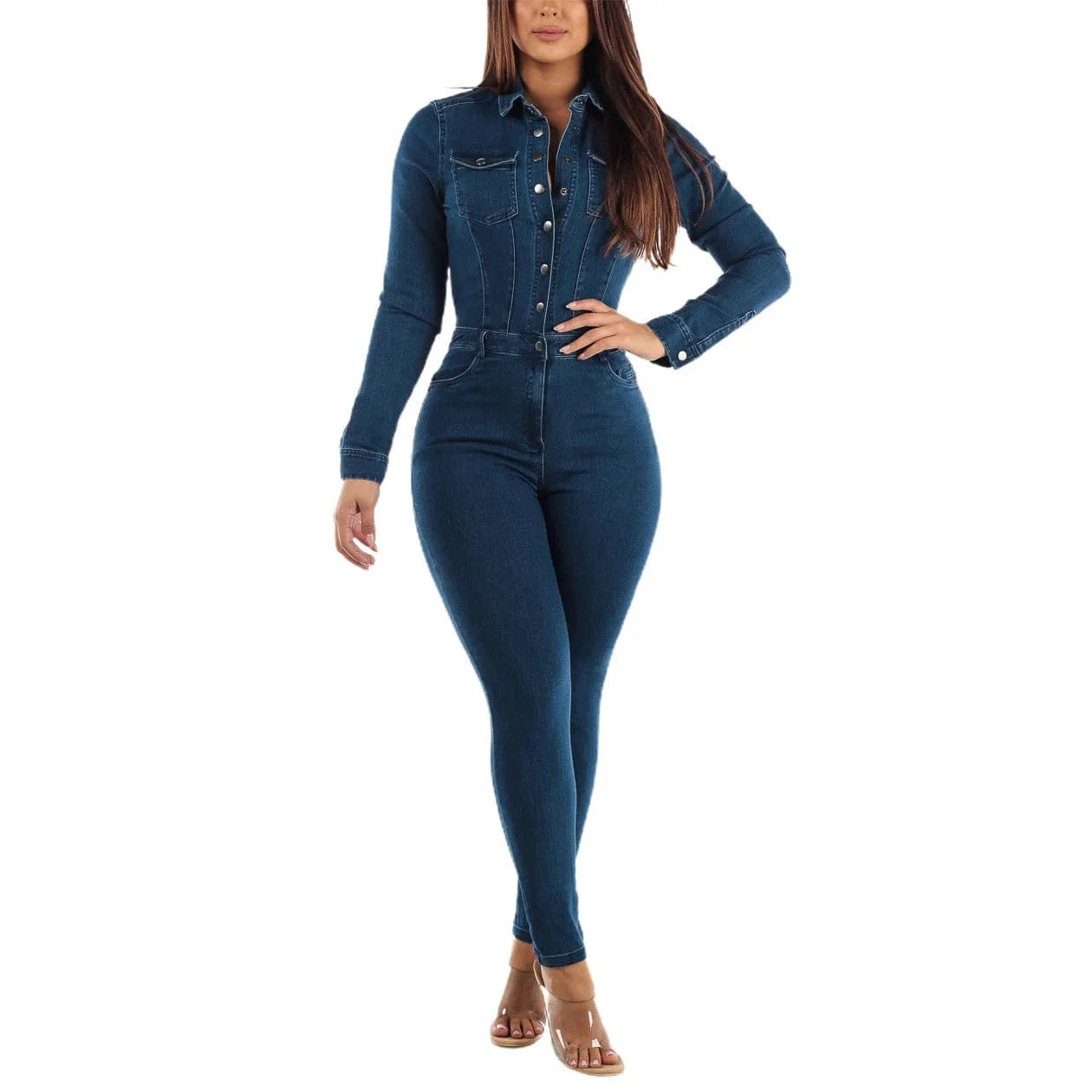 L / Dark blue 2024 New Arrival Brand Denim Jumpsuits Slim Fit Stretch Pencil Jeans Solid Turn-down Collar Long Sleeve Casual Bodycon Rompers