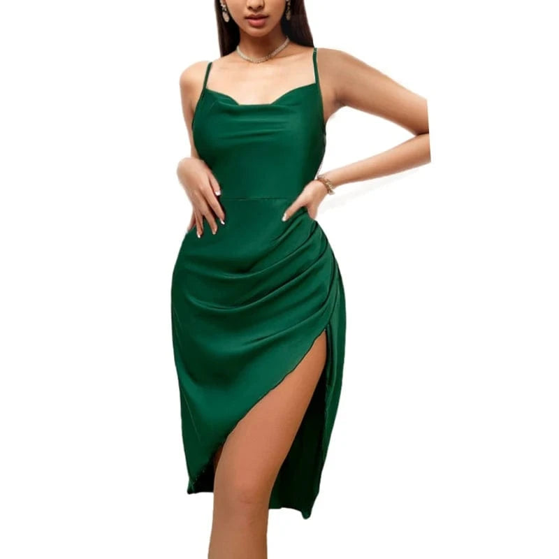 L / dark green E0113TA34 Latest Spaghetti Straps Asymmetric Collar Sexy Night Women Sleeping Dress Sehe Fashion