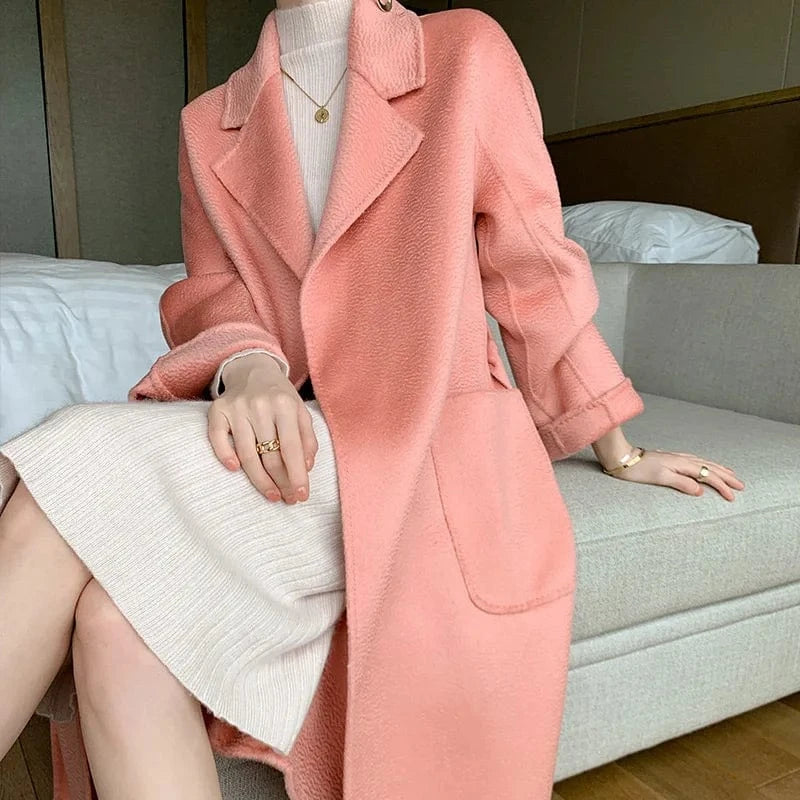 L / Dark Pink Factory Loose Belted Wool Coats Water Wave Turn Down Collar Elegant Women Cashmere Coat