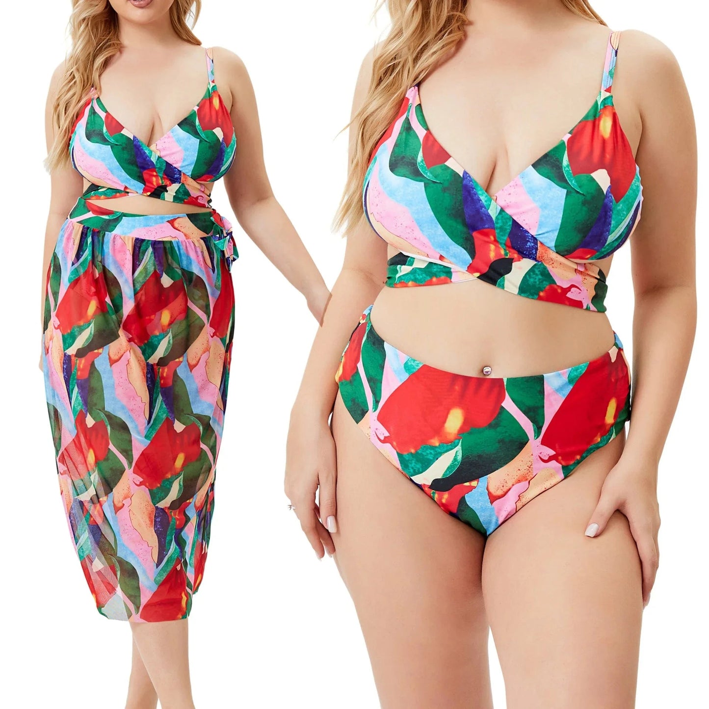 L / Floral 2023 Wholesale Three Piece xxxxl Plus Size Bikini Floral Print Large Swimwear and Beach Cover Up Sexy Big Swimsuits for Women