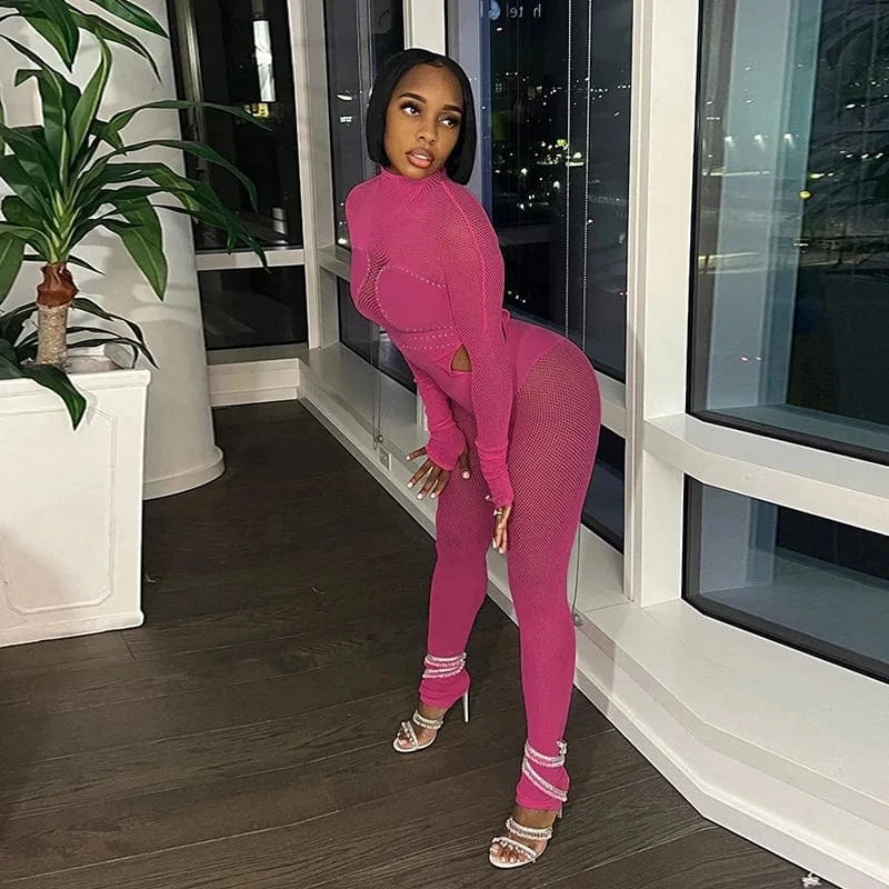 L / Fuchsia 2024 New Ladies Wear Clothes Sexy Mesh Rhinestone Patchwork Long Sleeve Cute Jumpsuits Women See Through Sexy Tight Jumpsuit