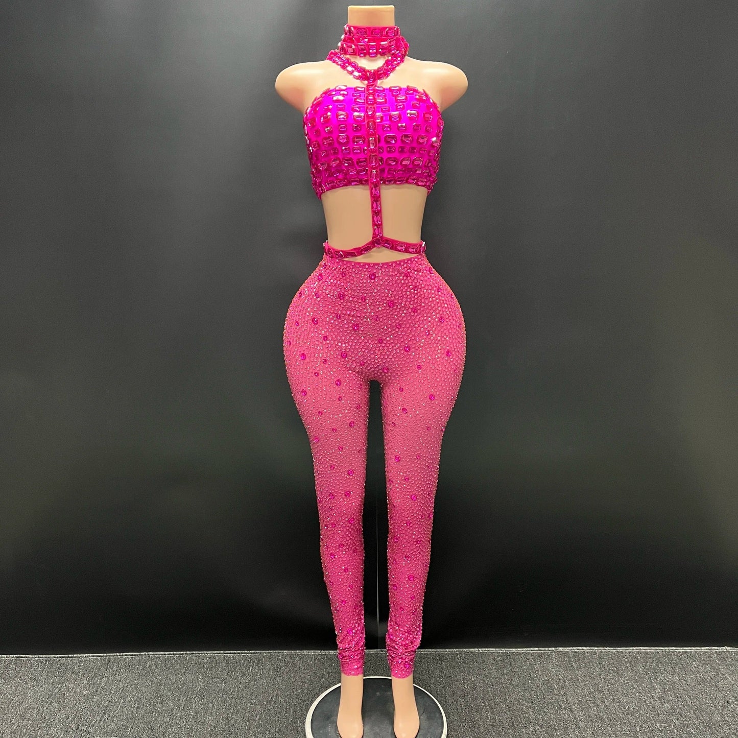 L / Fuchsia NOVANCE Y3745-D trending dress 2024 new arrival sexy suits for ladies rhinestone strapless crop top  mesh pants for casual