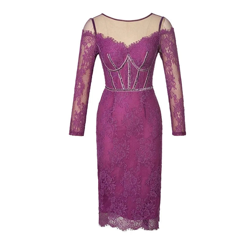 L / Fuchsia ZYHT 20697 2024 Collection Elegant Women Casual Dress Long Sleeve Patchwork Printed Lace Fabric Custom Simple Fit Dresses