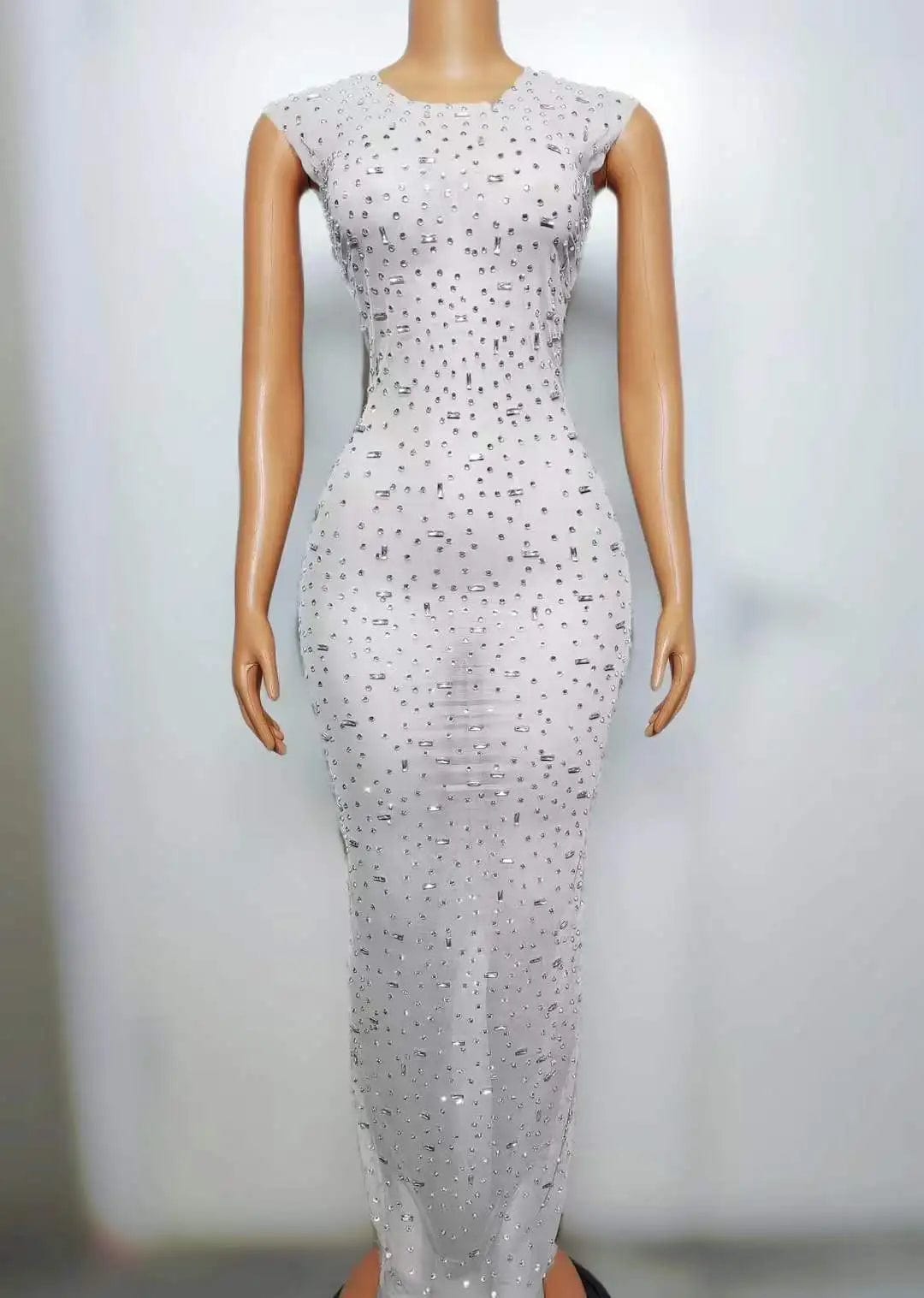 L / FX240117 White Ocstrade Fashion 2024 Shiny Sequins Women Dress For Stage Sleeveless Sexy Transparent Bodycon Slit Maxi Performance Dress