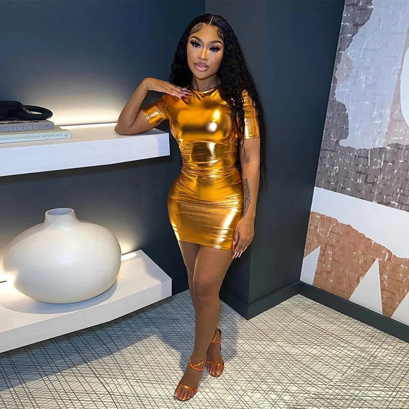 L / Golden Bomblook C106DS 2024 Spring Waterproof Mini Dresses For Women Elegant Short Sleeve Casual Dress Party Bodycon Dresses Women