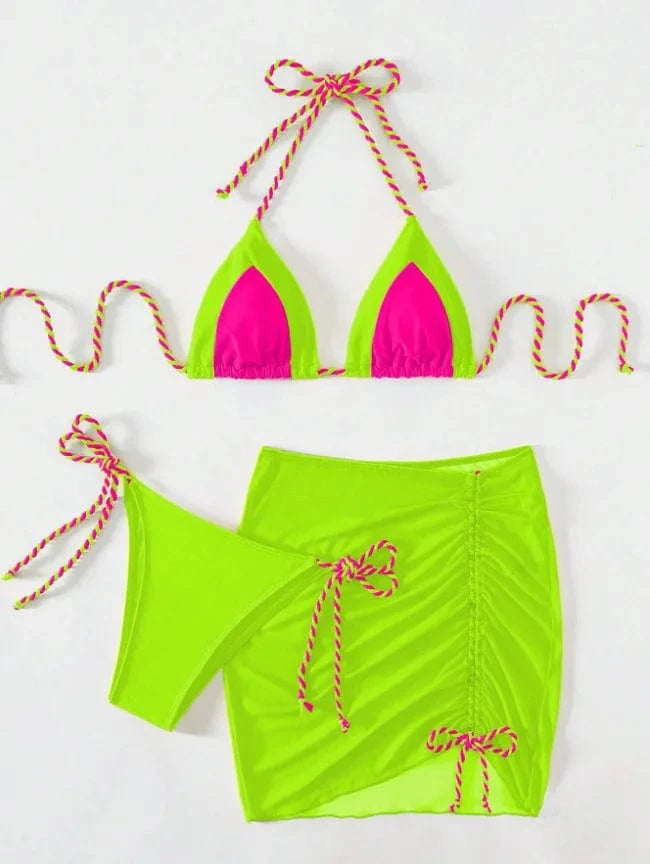 L / grass green DAMOCHIC Mini Micro Bikini Modest Bathing Suit 3 Piece Swimwear Beachwear Halter Tops Beach Skirt Cover Up Swimsuit Bikini 2024