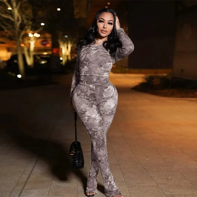 L / Gray 2024 new arrivals usa clothing see through print long sleeve mesh two piece pants set