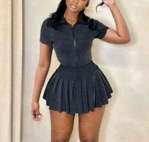 L / Gray 2024 Summer Women 2 Piece Skirt Set Party Club Outfits Zipper Top coat Mini Pleated Skirt Patchwork women clothes set