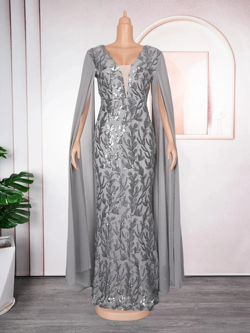 L / Gray L-3XL Plus Size African Party Dresses Dashiki Ankara Sequin Wedding Evening Gown Sexy Bodycon Maxi Long Dress Africa Clothes