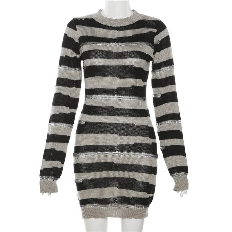 L / Gray New Arrival Knitted Fall Clothing For Women 2023 Long Sleeve Knitting Stripe Ripped Dress Ladies Sexy Knit Bodycon Dresses