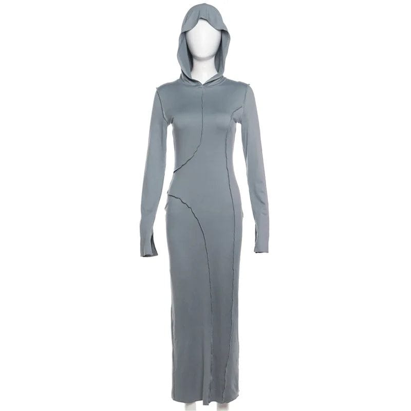 L / Gray OUDINA 2024 Newly Arrivals Dresses For Women Long Sleeve Hoodie Club Casual Hooded Party Bodycon Dress