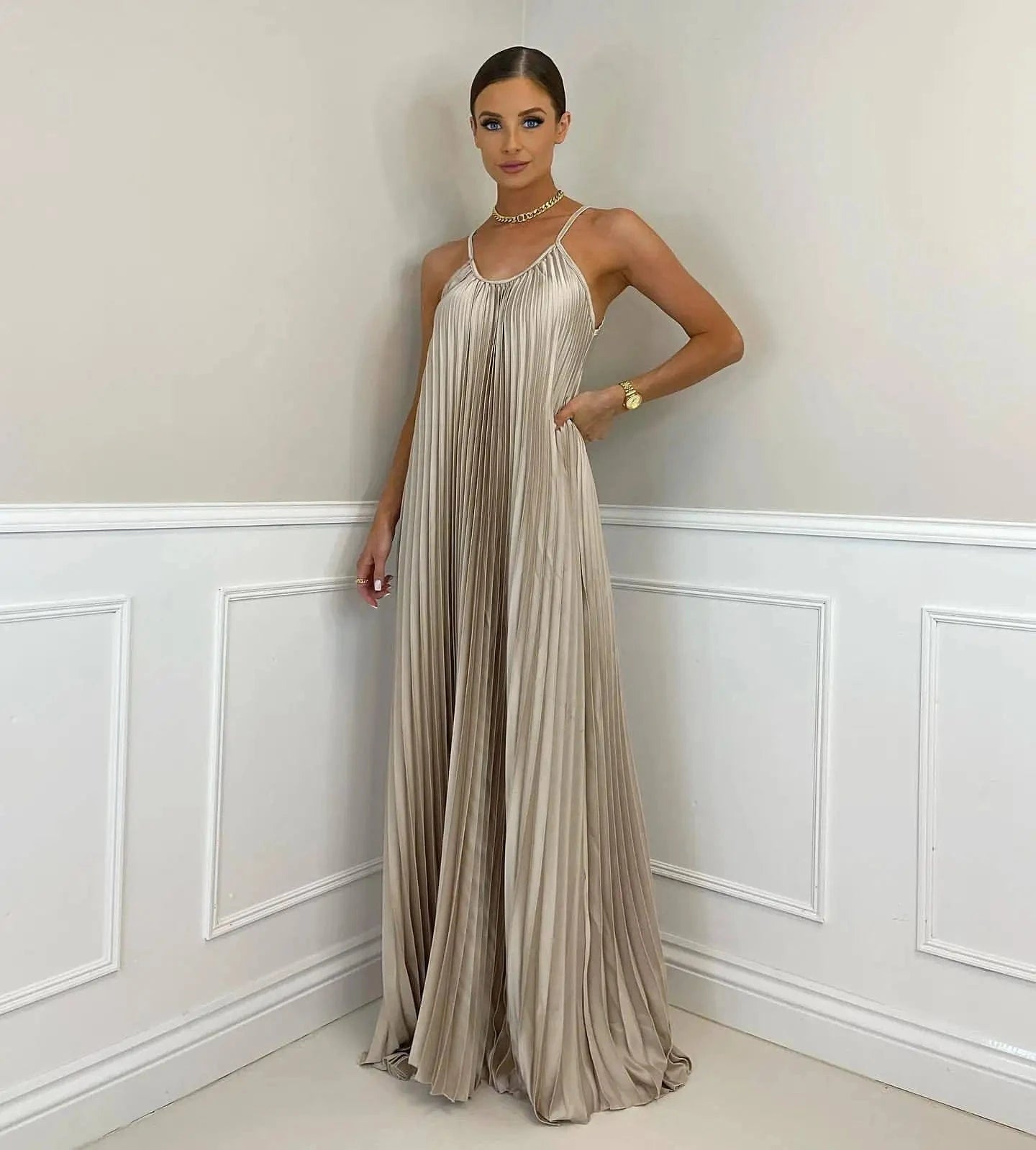 L / Gray RedPeony Casual Loose Backless Pleated Dresses Women Elegant Sleeveless  Beach Dress Summer Sexy Spaghetti Strap Party Dress