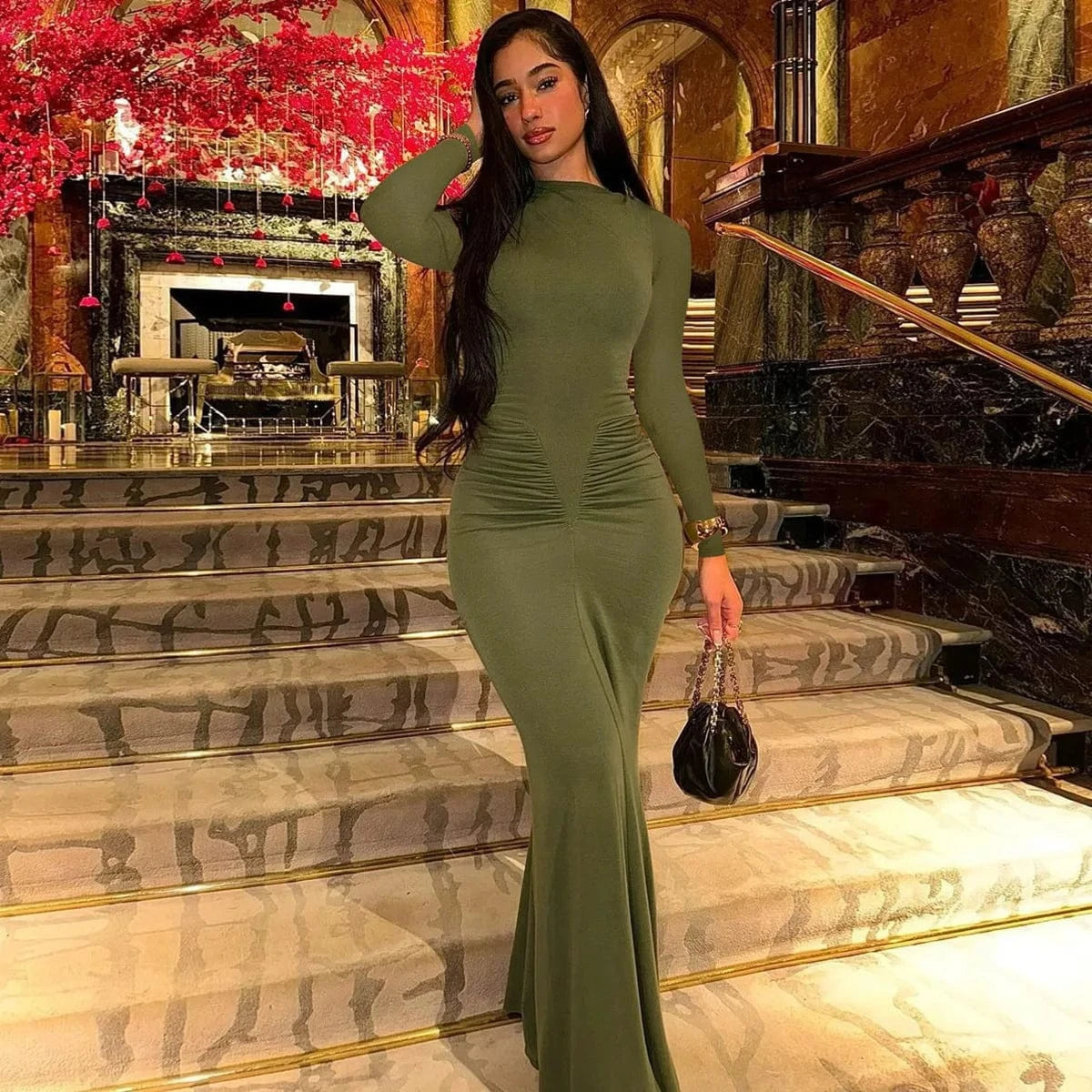L / Green 2024 Fall Women's New Mermaid Dress Fashion Elegant Slim Pleated Round Neck Long Sleeve Maxi Dress Women's Clothing