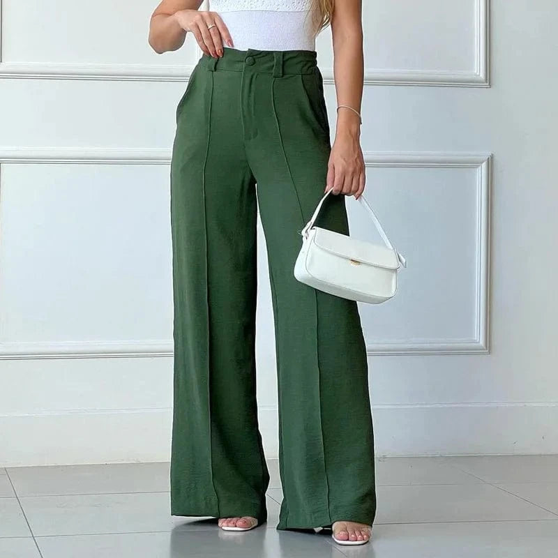 L / Green 2024 Women Spring and Summer Thin Pants Solid Color Loose Pleated Wide Leg Casual Pants Half Elastic Waist