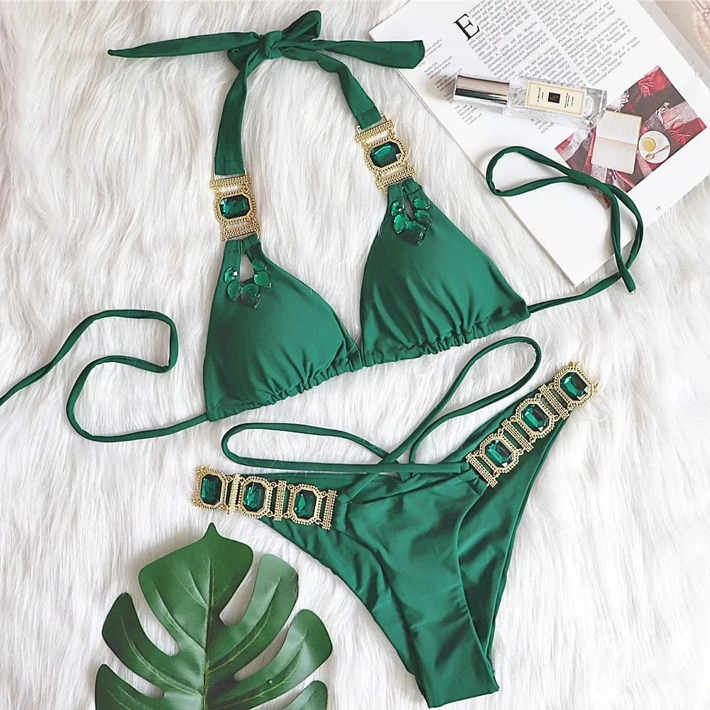 L / Green DAMOCHIC Crystal Luxury Bikini Push Up Diamond Thong Swimwear Halter Lace-Up Bandage Split Women Retro Rhinestone Swimsuit 2023