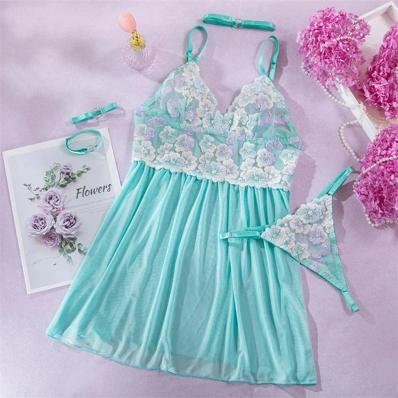 L / Green European and American 2024 Spring Sexuality Sleeping Night Dress Embroidered Mesh Spliced Sexy Neck Set Hand Set