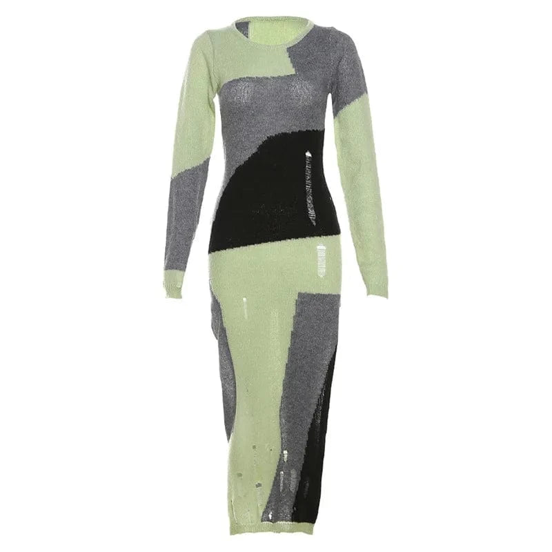 L / Green Knitted Panelled Maxi Dress Women Fall 2023 Full Sleeve Round Neck Street Style Bodycon Lady 2023 Classic Patchwork Dress