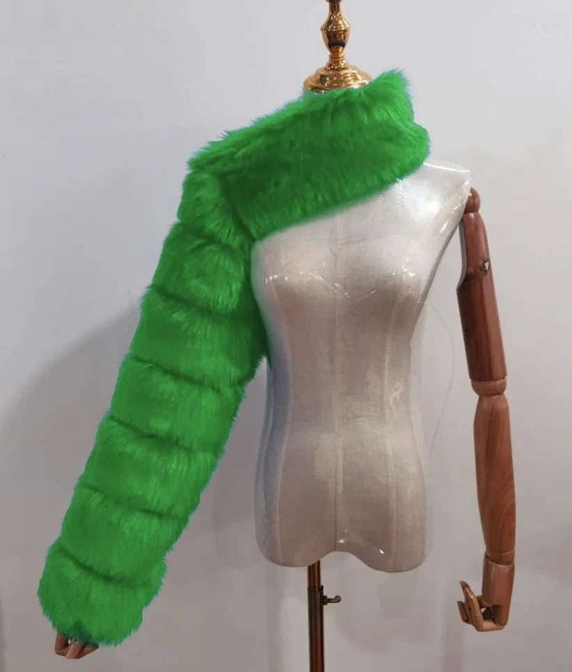 L / Green Liu Ming New Arrivals Women Faux Fox Fur One Sleeve Fashion Luxury Lady Winter Fur Warm Plus Size Coats