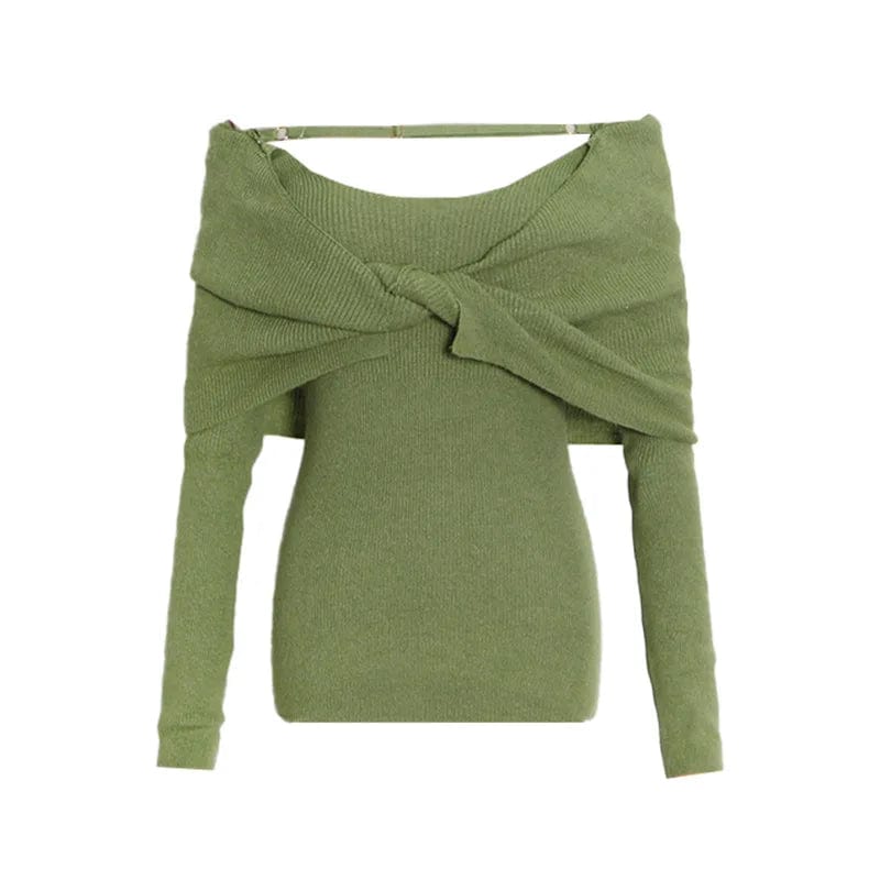 L / Green OUDINA 2024 New Elegant Knitted Top Twist Slimming Solid Color Long-sleeved One Shoulder Tops For Women