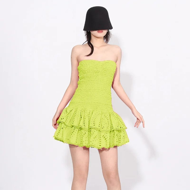 L / Green OUDINA 2024 New Summer Sweet Tube Dress Slimming Embroidered Hollow Ruffle Short Dress For Women