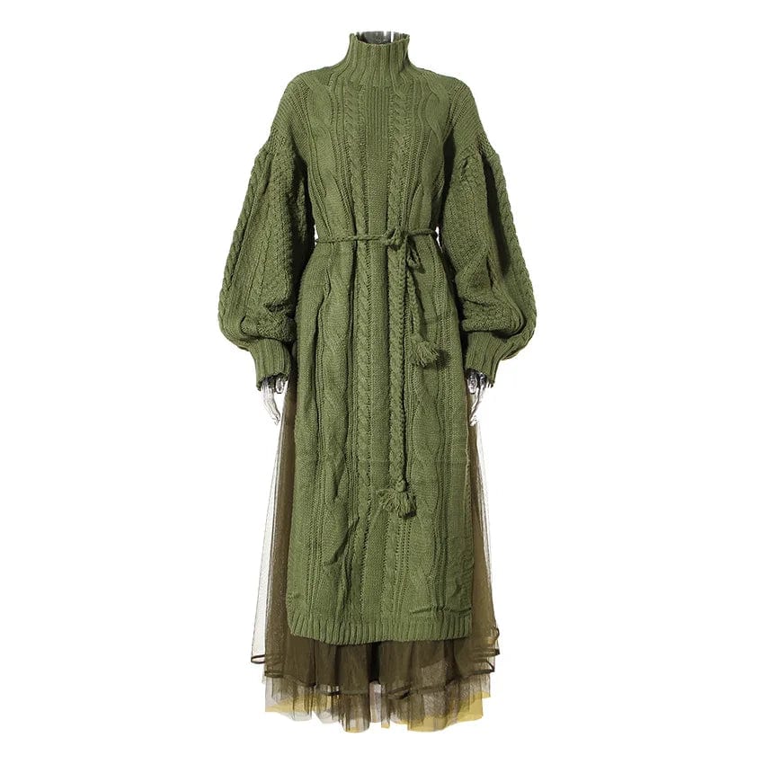 L / Green OUDINA Stylish New Arrivals Two Piece Set Lantern Sleeve Mesh Skirt Casual Lady Elegant Knit Sweater Women's Dresses