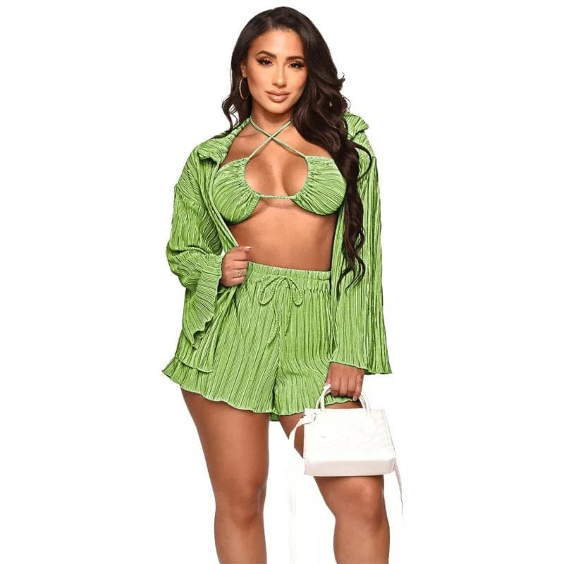 L / Green Sexy Long Sleeve Shirts 3 Pieces Solid Pleated Suits Female Fashion Straight Bikini Cardigan Outfits Bra And Biker Shorts Set