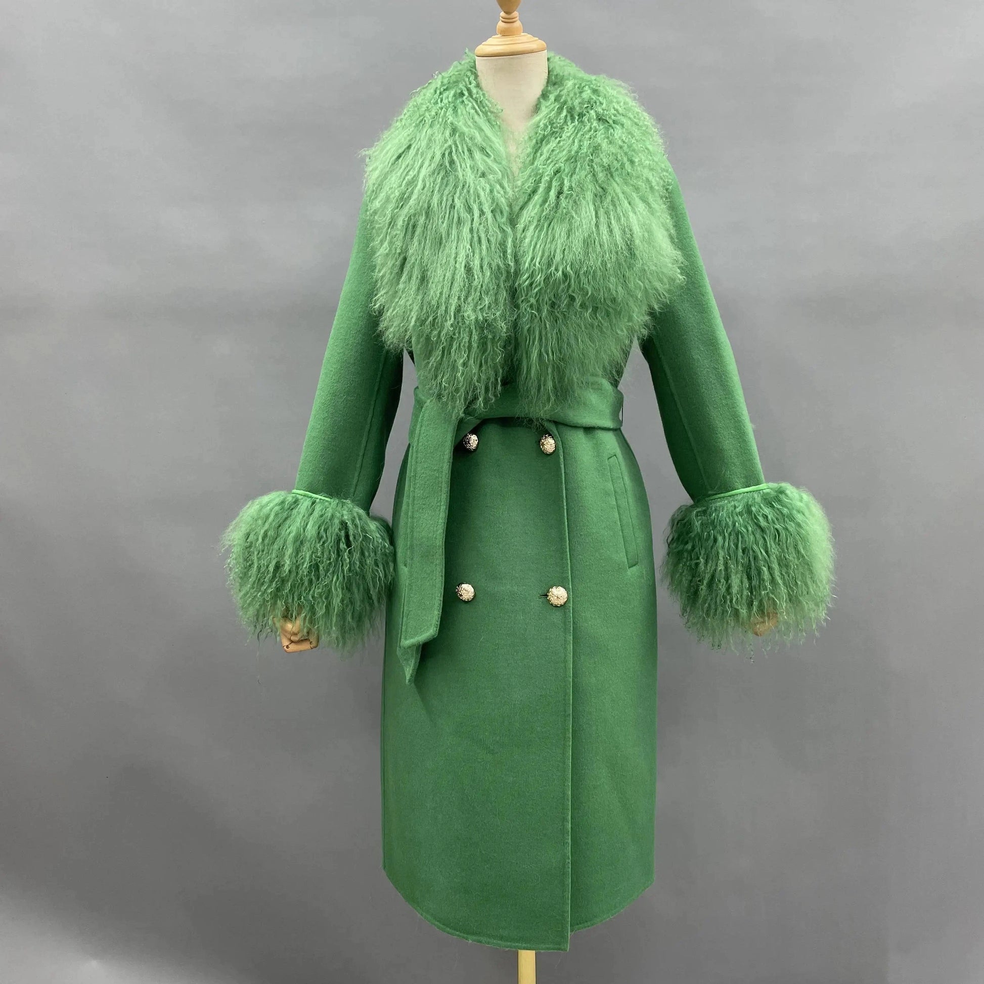 L / Green Top Quality Long Cashmere Wool Coat With Fur Collar