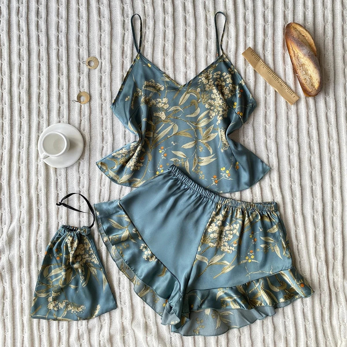 L / Green Women's Sexy Luxury Silk Satin Loungewear Camisole Sleepwear Pajamas Sets 2 Pieces Nightwear Home Suit Pajama 2024