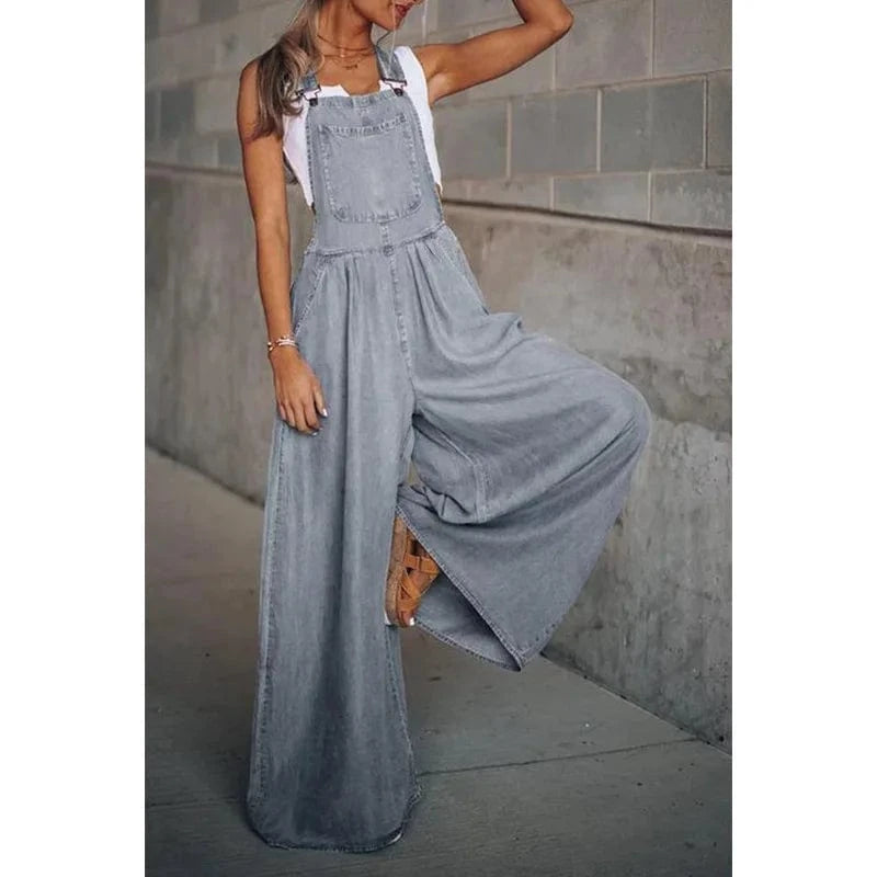 L / Grey DAMOCHIC Custom Casual Jean Jumpsuits Women Plus Size Boyfriend Blue Jean Playsuit Summer Loose Wide Leg Denim Jumpsuit 2023