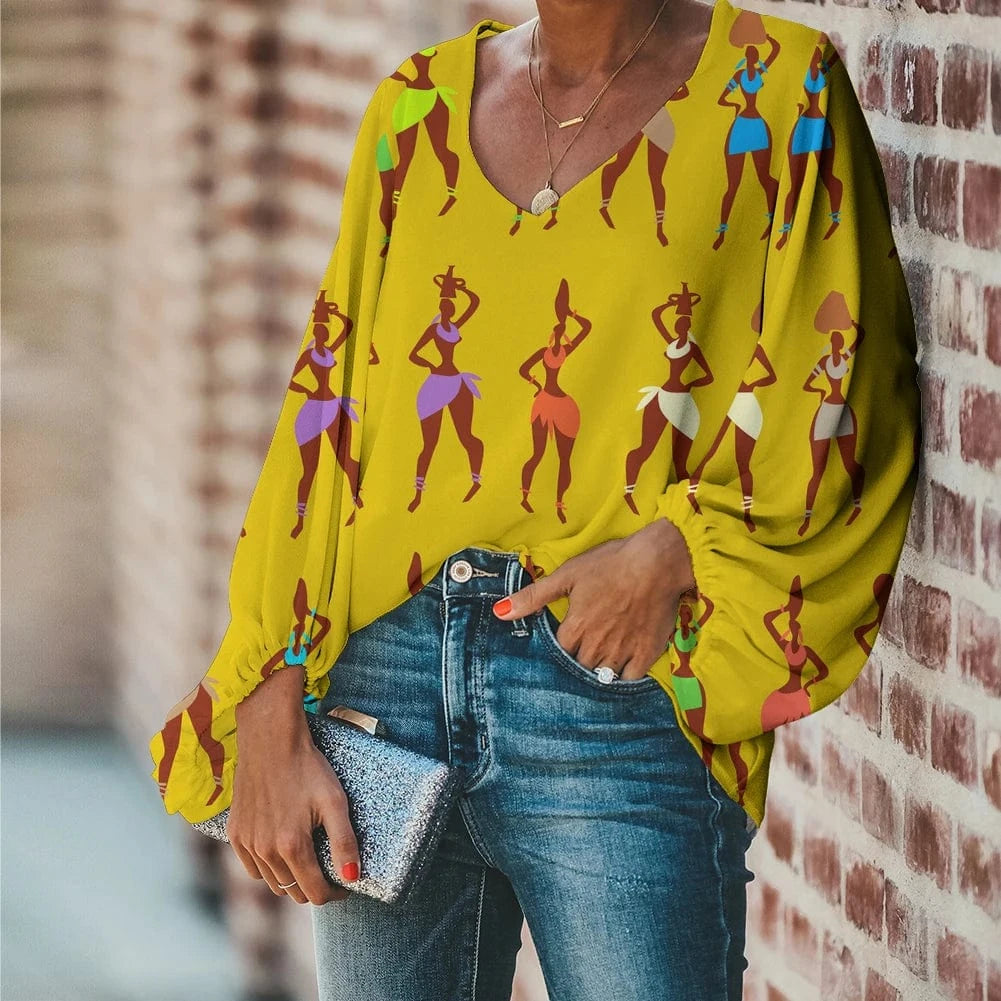 L / HQD062B2 Afro Dashiki Adinkra Kente Pattern Long Sleeve V-Neck Chiffon Top