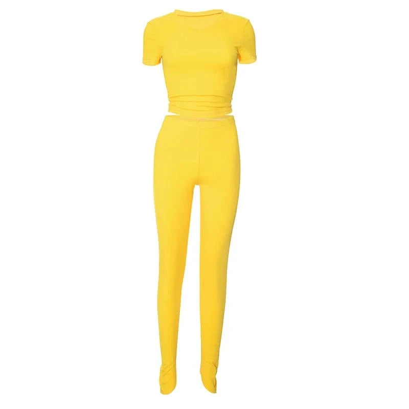 L / K24ST049 Yellow Bomblook K24ST049 Solid Basics Sportswear Short Sleeve Crop Top Women Two Piece Pants Sets Summer Rib Knit Outfit 2024