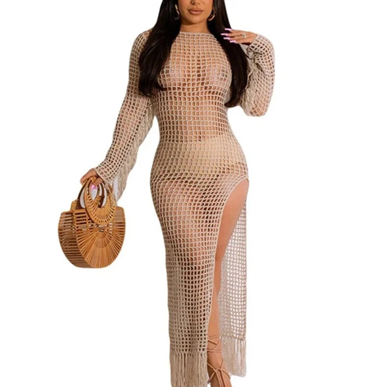 L / Khaki 2024 Summer Fashion New Knitted Tassel Beach Skirt Hollow Perspective Sexy Dress For Women