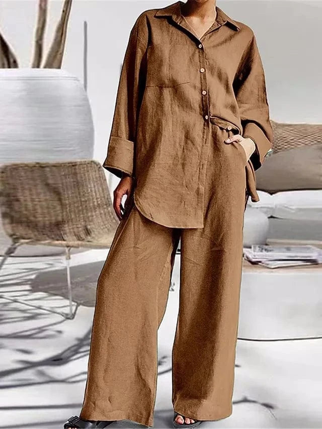 L / Khaki DAMOCHIC New Arrivals Two Piece Set Women Clothing Fall 2023 Loose Casual Shirt Ladies Wide Leg Pants 2 Piece Women Set Plus
