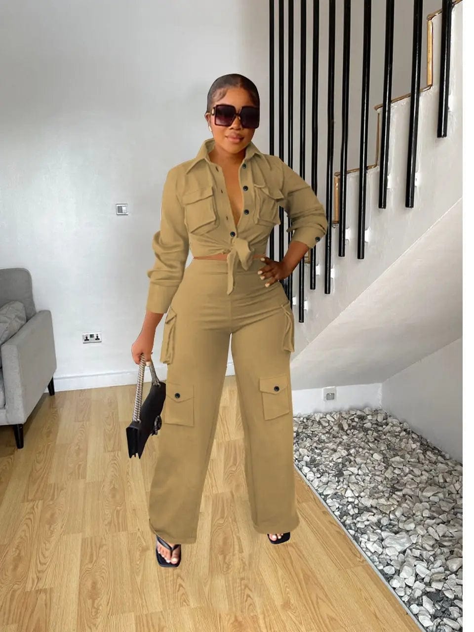 L / Khaki Fall Cargos Two Piece Set With Wide Legs Pants  Women Clothing Solid 2 Piece Pants Set Women 2023