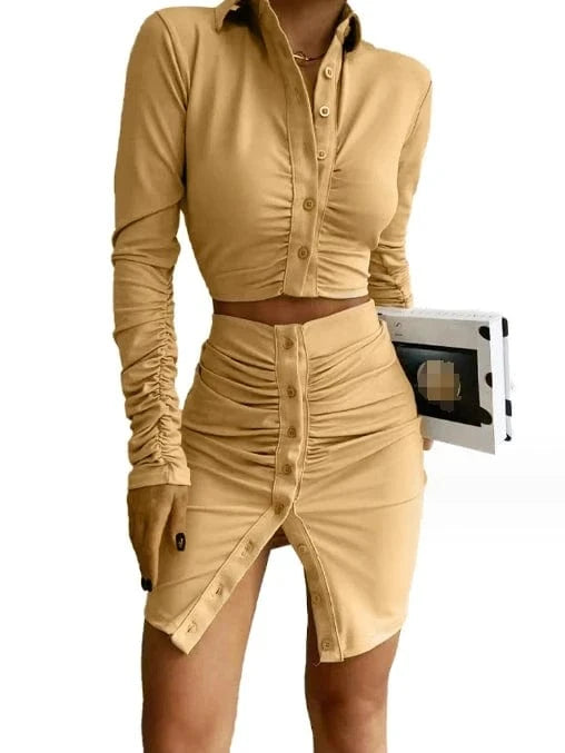 L / Khaki New Arrivals Women's Clothing Long Sleeve Crop Shirt And Bodycon Skirt Set Fashion Sexy Wrinkle Two Piece Set