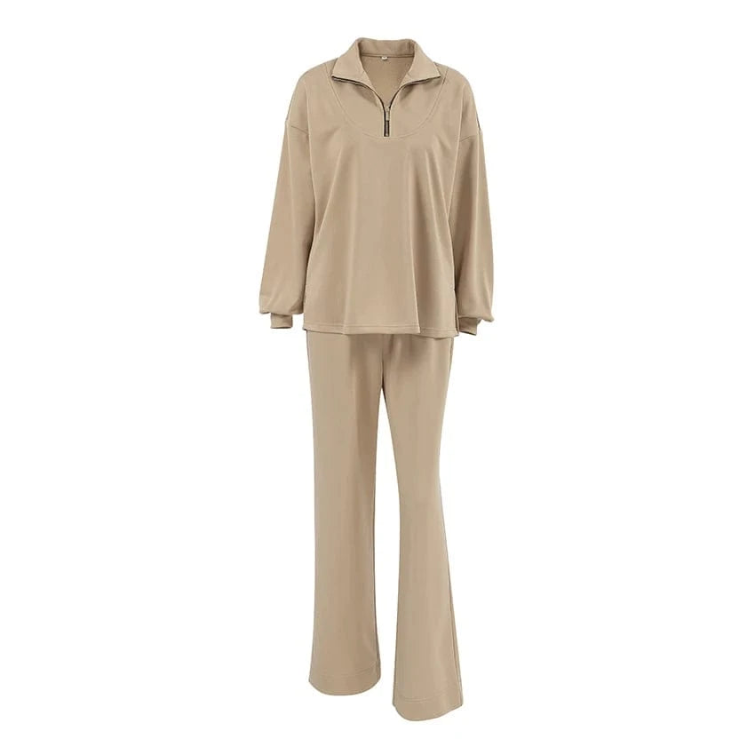 L / Khaki OOTN Women's Autumn Casual Khaki Set Lapel Long Sleeve Pullover With Zip and Elasticated Trousers Two Piece Winter Streetwear
