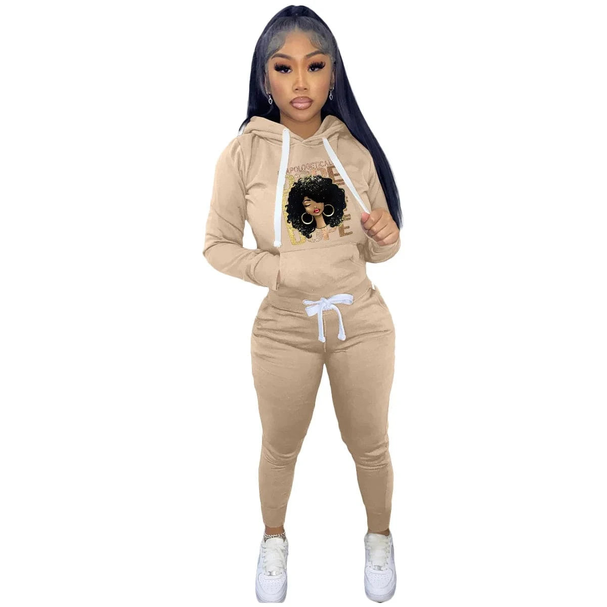 L / Khaki Print Pullover Hoodies Sweatsuits Women Two Piece Set Autumn Winter Fashion Casual Long Sleeve Hooded Sweatpants Tracksuits