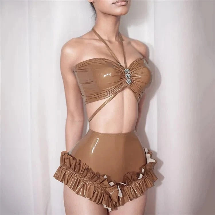 L / Khaki Sexy Love Diamond Bikini Halter Neck Wrap Chest Pu Leather High Waist Shorts Ruffle Set Summer Beach Set