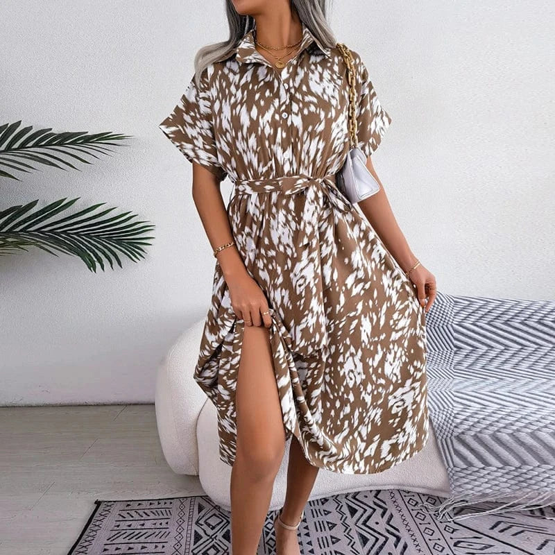 L / Khaki Shirts Dresses Women Casual Fashion Leopard Printing Vintage Elegant Short Sleeve Midi Dress Lace-up Street White Pink Vestidos