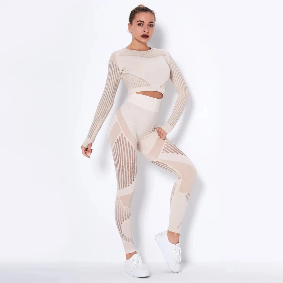 L / khaki Wholesale Fitness Clothing Seamless Activewear Long Sleeve Crop Top Yoga Pant Leggings Sport Suit Gym Fitness Sets for Women
