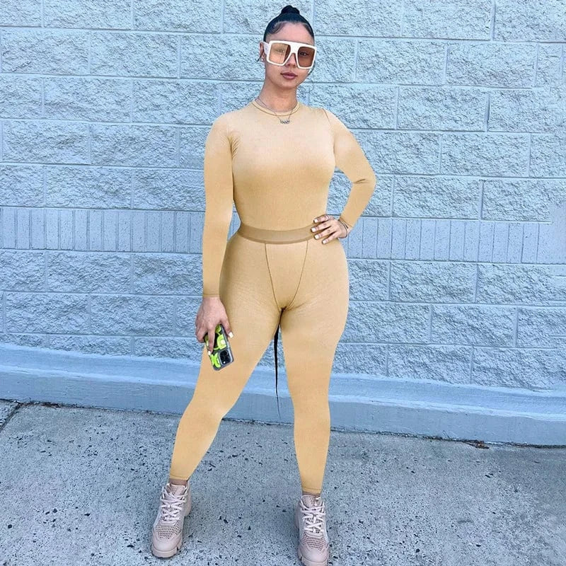 L / Khaki Women's Clothing Two Piece Sets Fashion Soild Long Sleeve Top Tight Pants Casual 2 Piece Tracksuits Set Fall 2024 Women Clothes