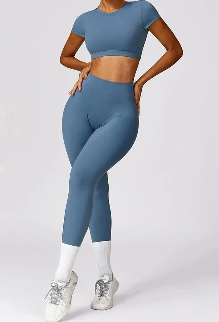 L / Leggings Blue 2024 Custom Women Sportswear Scrunch butt Backless High Waist Removable pads 2 Pieces Sports Workout Suit Yoga Gym Leggings Set