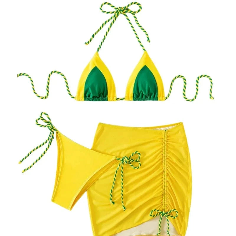 L / lemon yellow DAMOCHIC Mini Micro Bikini Modest Bathing Suit 3 Piece Swimwear Beachwear Halter Tops Beach Skirt Cover Up Swimsuit Bikini 2024