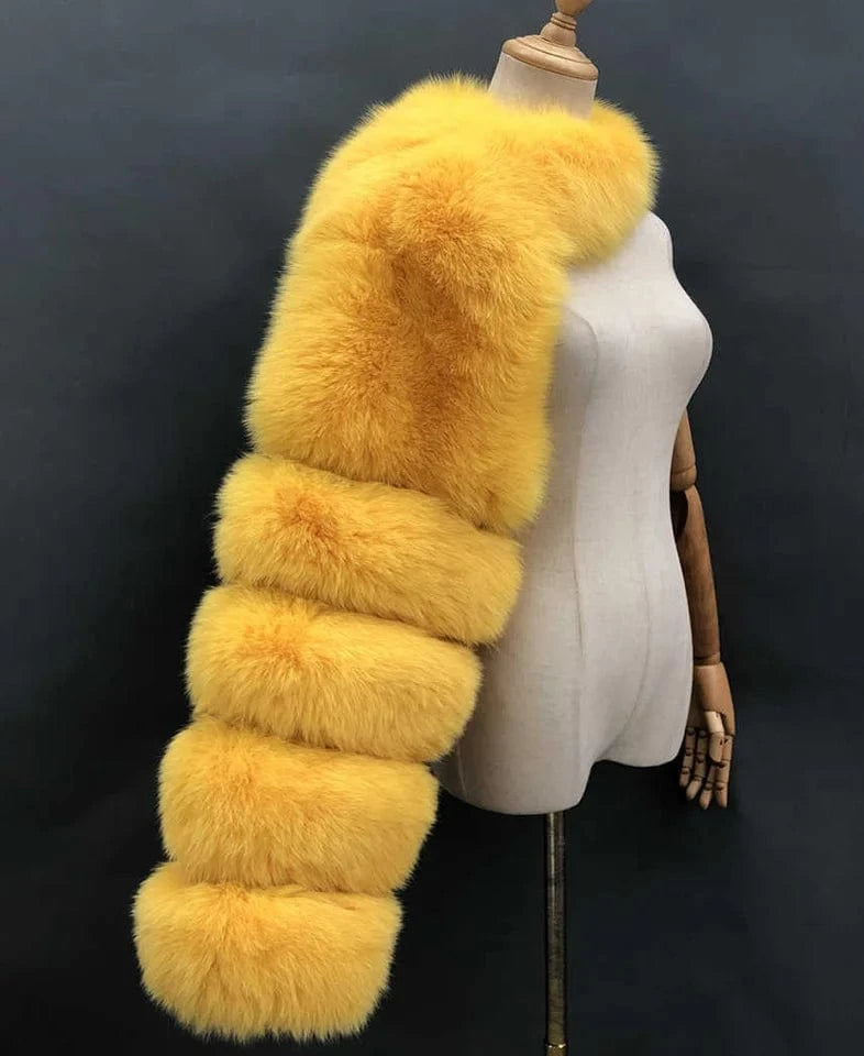 L / Lemon yellow Liu Ming New Arrivals Women Faux Fox Fur One Sleeve Fashion Luxury Lady Winter Fur Warm Plus Size Coats