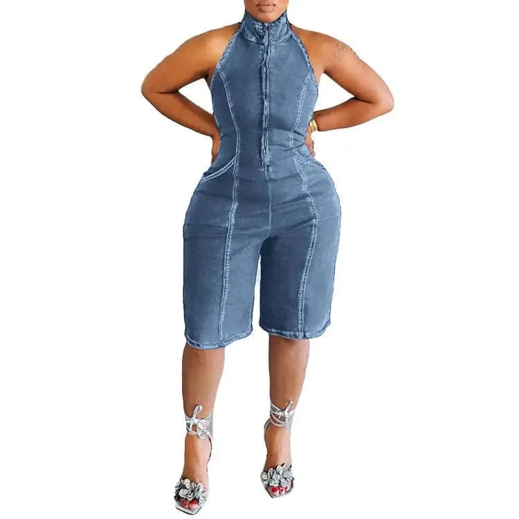L / Light Blue 2024 New Fashion Jean Women Summer Clothing Solid Color Mock Neck Half Zip Up Jumpsuit Sleeveless One Piece Stretch Denim Romper