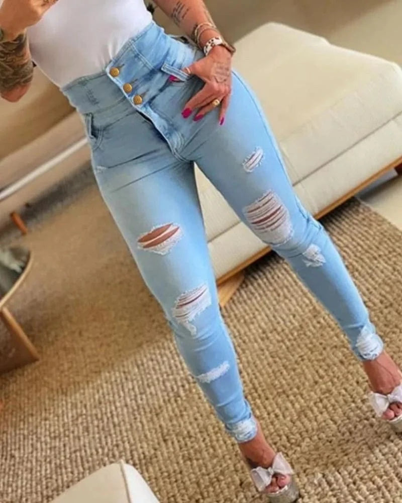 L / Light Blue Ripped Women's Jeans Pants Bodycon High Waist Casual Long Pant Denim Trousers Skinny Boyfriend Jeans for Women