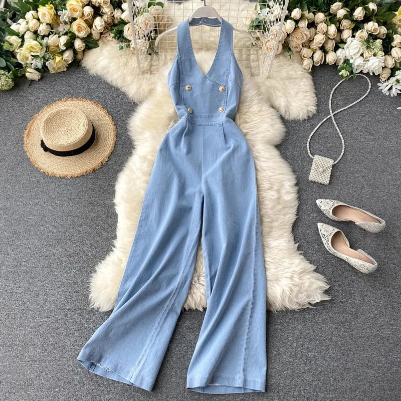 L / Light Blue Vintage Wide Leg Women'S Suspenders Sleeveless Denim Jumpsuit