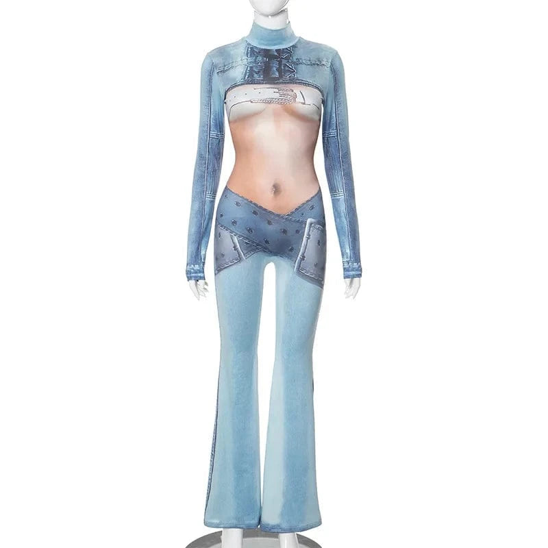 L / Light Blue ZHEZHE New 2024 Spring Fauex Jean Print High Collar Long Sleeve Jumpsuit One Piece Bodycon Casual Sexy Jumpsuit Women
