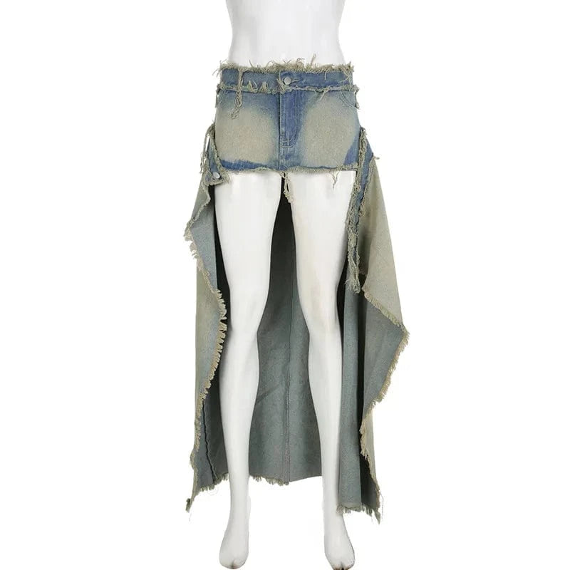 L / Light Blue ZHEZHE Spring 2024 New Women's Denim Skirt Washed Zipper Patchwork Detachable Fashion Skirt Jeans Women's Denim Clothing